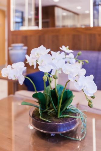 a vase filled with white flowers on a table at Ramsey Park Hotel in Ramsey