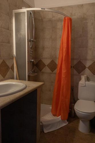 an orange shower curtain in a bathroom with a toilet at JJ Rooms luxury apartments in Kallithea Halkidikis