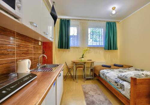 kuchnia i sypialnia z łóżkiem i zlewem w obiekcie Apartamenty pod Górą Parkową w mieście Krynica Zdrój