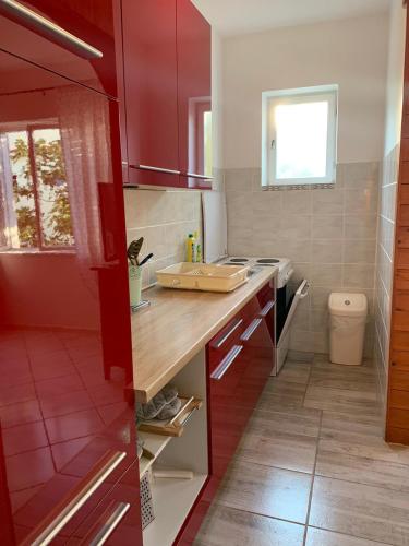 a kitchen with a sink and a red wall at Danijela in Mali Lošinj