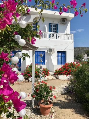 a white house with flowers in front of it at Katapola Vekris apartments in Katapola