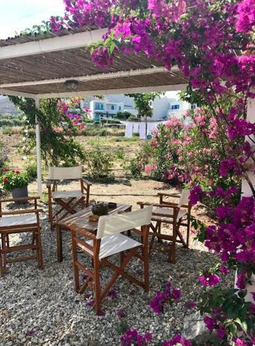 a table and chairs under a pergola with purple flowers at Katapola Vekris apartments in Katapola