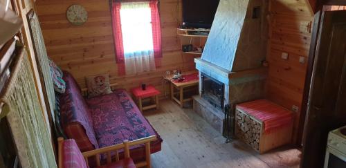 een woonkamer met een open haard bij Brvnara Jovicic in Divčibare