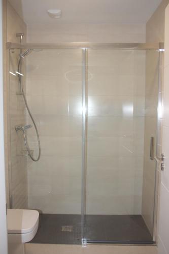 a glass shower in a bathroom with a toilet at NICORÉS in Irún