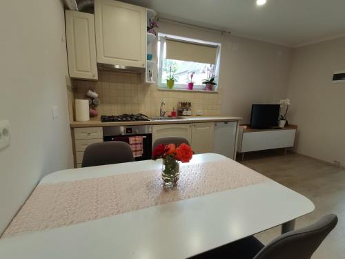 a kitchen with a table with a vase of flowers on it at Apartma VRTNICA in Bovec