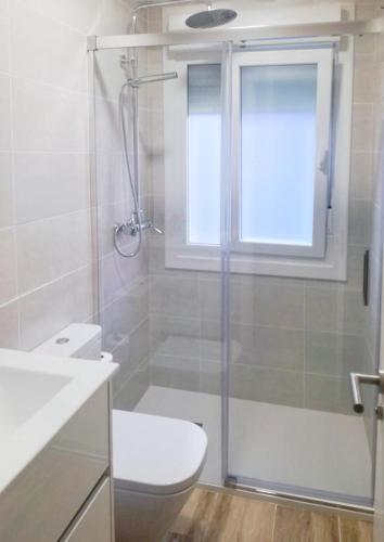 a bathroom with a shower and a toilet and a window at Casa da Esfarrapada in Redondela