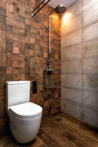 a bathroom with a toilet and a shower at RIOJA VALLEY Apartamentos en el corazón de La Rioja in Cenicero