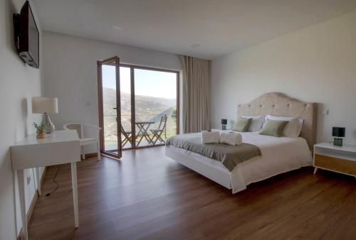 Schlafzimmer mit einem Bett, einem Schreibtisch und einem Fenster in der Unterkunft Vila Douro Guesthouse in Mesão Frio