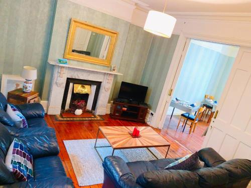 - un salon avec un canapé et une cheminée dans l'établissement Redclyffe Guesthouse, à Cork