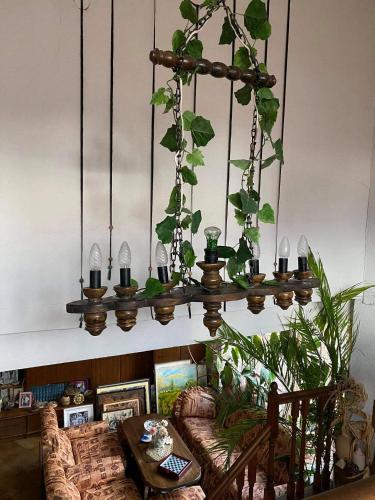 a chandelier hanging from the ceiling in a living room at Art Studio in Sapareva Banya