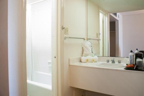 La salle de bains est pourvue d'un lavabo, d'une baignoire et d'un miroir. dans l'établissement Midtown Hotel New Orleans, à La Nouvelle-Orléans
