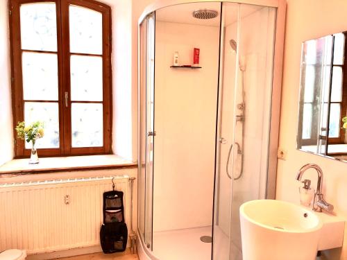 La salle de bains est pourvue d'une douche et d'un lavabo. dans l'établissement Im Herzen von Ohlstadt und am Fusse des Heimgartens, à Ohlstadt