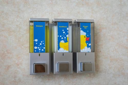 a row of four dividers with a toy duck in them at Accent Inns Kelowna in Kelowna