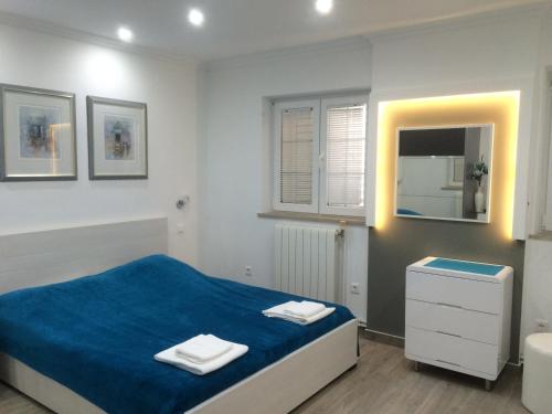 sypialnia z niebieskim łóżkiem i lustrem w obiekcie Guest House Sidro w mieście Selce