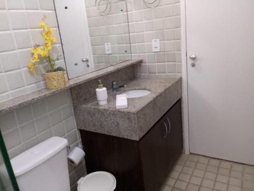 ein Badezimmer mit Waschbecken, Toilette und Spiegel in der Unterkunft Resort Ancorar Porto de Galinhas Flat 1202 in Porto De Galinhas