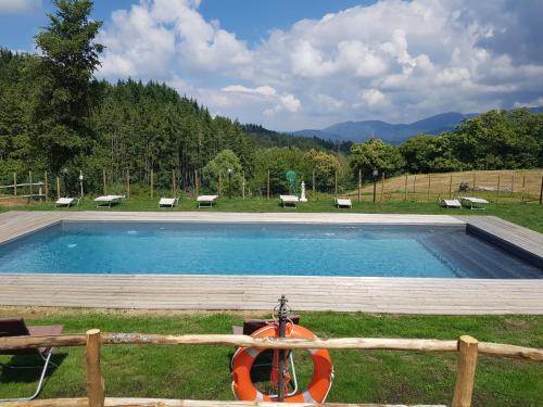 ein Schwimmbad mit einem orangefarbenen Rettungsschwimmer daneben in der Unterkunft Agriturismo Podere Omomorto in Pratovecchio