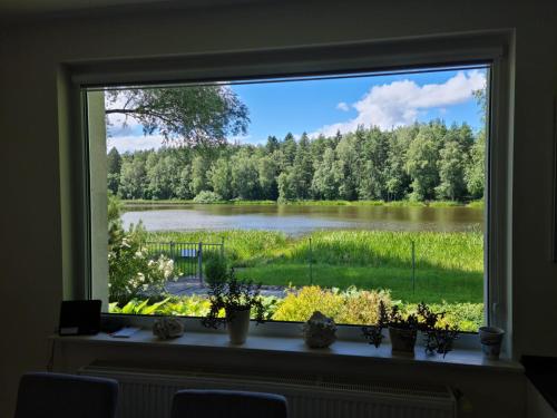 a window with a view of a lake and trees at Dom nad jeziorem na Kaszubach in Miszewko