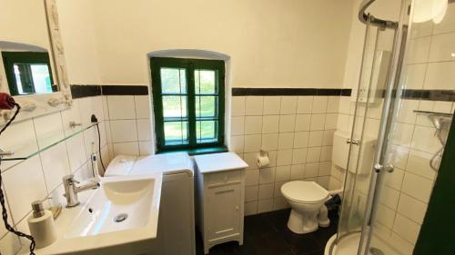 欣特施托德爾的住宿－STEYR RIVER LODGE，一间带水槽和卫生间的浴室以及窗户。