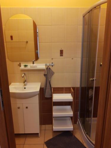 a small bathroom with a sink and a shower at pokoj z lazienka Sopot in Sopot