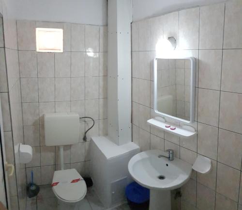 a bathroom with a sink and a toilet and a mirror at Hotel Camelia in Jupiter