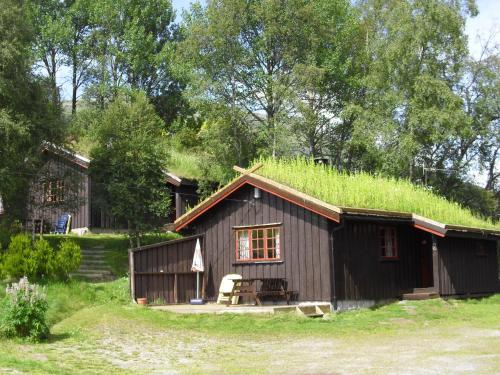 una pequeña casa con techo de hierba y pendiente en Rauland Hytteutleige, en Rauland