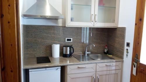 a kitchen with a sink and a counter top at Magda's Hotel Apartments in Parga