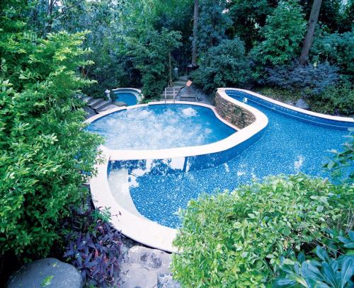una piscina en medio de un jardín en Mount Emei Teddy Bear Hotel玩具熊酒店, en Emeishan