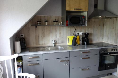 a kitchen with a sink and a microwave at Ferienwohnung Waldstuben in Goldenstedt