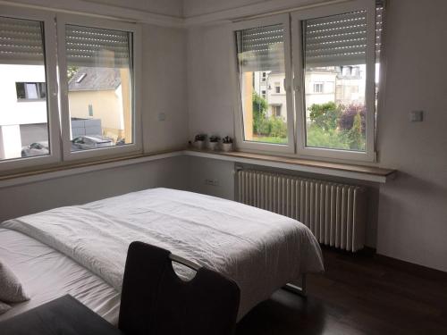 a bedroom with two windows and a bed in it at Apartment CHEZ TONY in Strassen