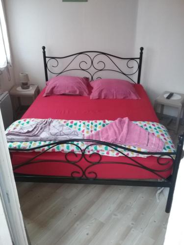ラ・テスト・ド・ビュシュにあるLe bel appartement 2 bis rue des alliésのベッドルーム1室(ピンクの枕が付いた赤いベッド1台付)