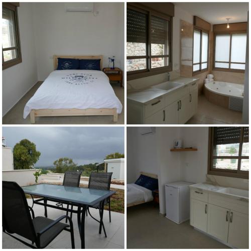 três fotografias de um quarto com uma cama e uma casa de banho em נוריות בגלבוע 1 em Nurit