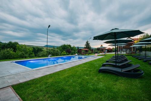 a swimming pool with lounge chairs and an umbrella at Pensiunea Biz Panzió in Corund