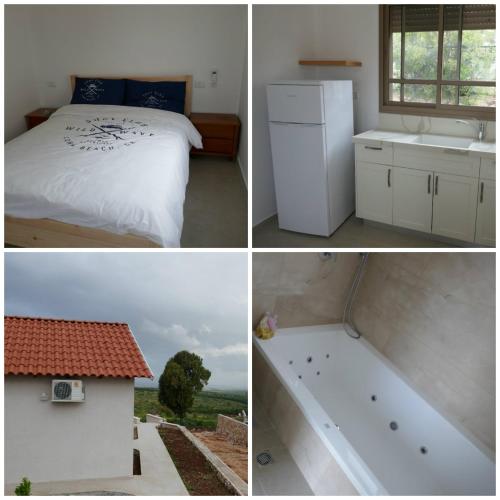 three pictures of a bedroom and a bed and a sink at נוריות בגלבוע 2 in Nurit