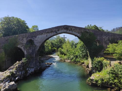 eine alte Steinbrücke über einen Fluss in der Unterkunft Apartamentos Rurales La Caviana in Cangas de Onís