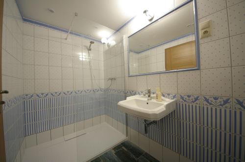 a bathroom with a sink and a mirror at Penzion Manský Dvůr in Dolní Žandov