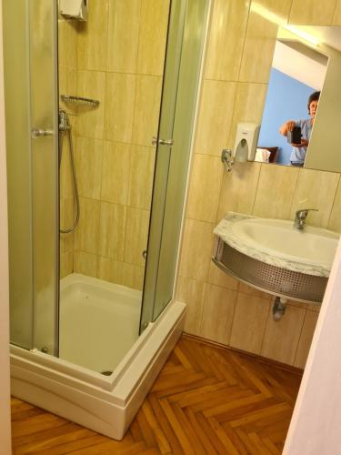 a bathroom with a shower and a sink at Apartments Šeherzada in Pula