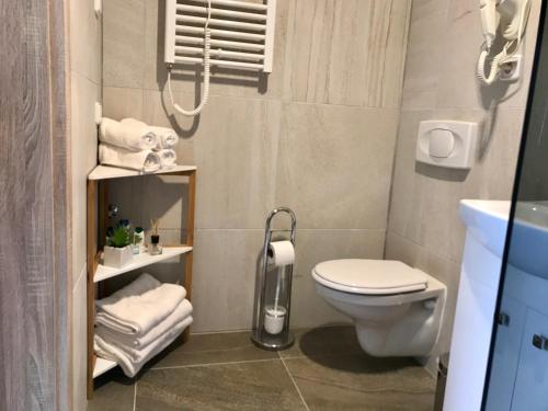 La salle de bains est pourvue de toilettes et de serviettes. dans l'établissement Apartmán U babičky, à Prague