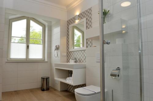 a bathroom with a shower and a toilet and a sink at Stare Łazienki in Nałęczów