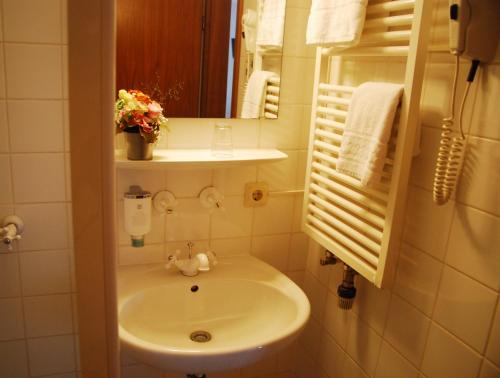 a bathroom with a sink and a mirror at Bawelsberger Hof in Dillingen an der Saar