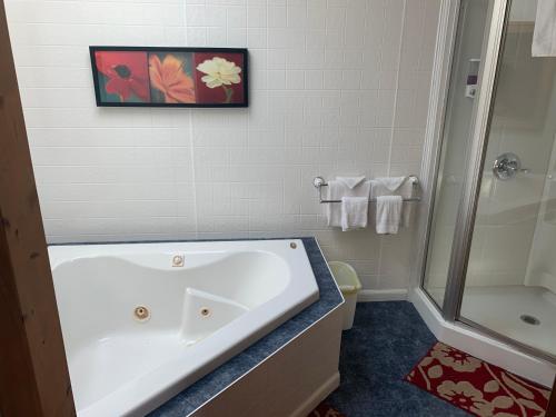 a bathroom with a large tub and a shower at Phillips Historic Motel & Cottages in Robbinsville