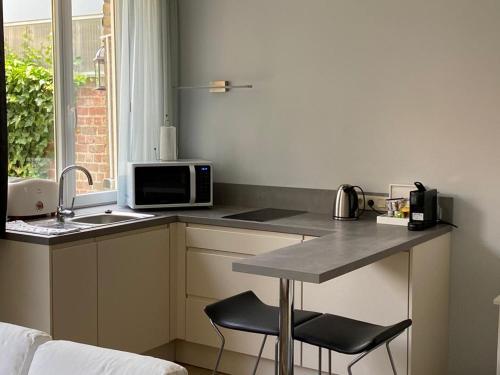eine Küche mit einer Theke mit einer Mikrowelle und einer Spüle in der Unterkunft Spacious studio in Knokke-Heist