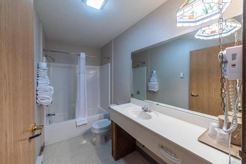 a bathroom with a sink and a toilet and a mirror at Willabee's Motel in Brimley