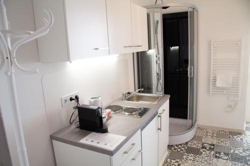 a kitchen with white cabinets and a sink and a counter at Vienna4you App 15 you are welcome in Vienna