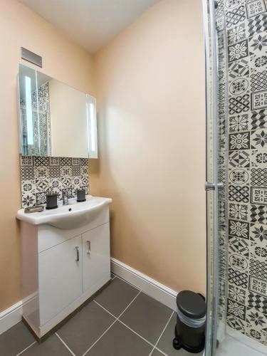 a bathroom with a sink and a shower at Deluxe Pirate's Cove Themed Apartment in St Austell