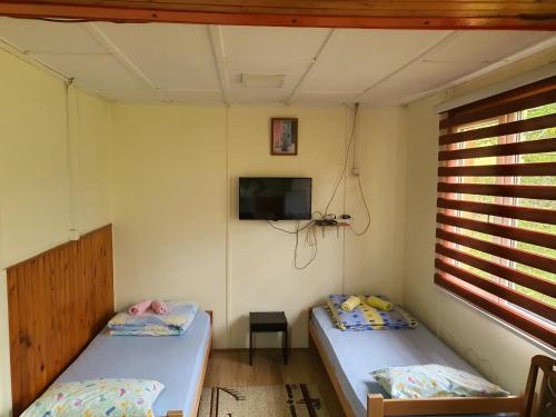two beds in a room with a tv on the wall at Apartman Petra in Nova Varoš