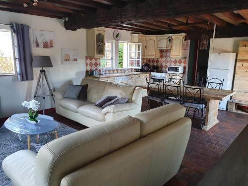 ein Wohnzimmer mit 2 Sofas und einer Küche in der Unterkunft Gite les Bruyères in Salbris