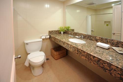 La salle de bains est pourvue de toilettes, d'un lavabo et d'un miroir. dans l'établissement Hotel Tropika, à Davao