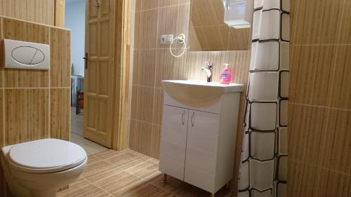 a bathroom with a white sink and a toilet at Bé-La 2 Vendégház in Szomolya