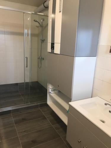 a bathroom with a shower and a sink at Apartmánové ubytovanie in Vranov nad Topľou