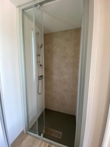 a shower with a glass door in a bathroom at Green Village - Sirenetta in Savigliano